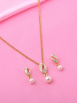 Estele - Gold Plated Leaf Drop Designer Necklace Set with Crystals and Pearls for Women